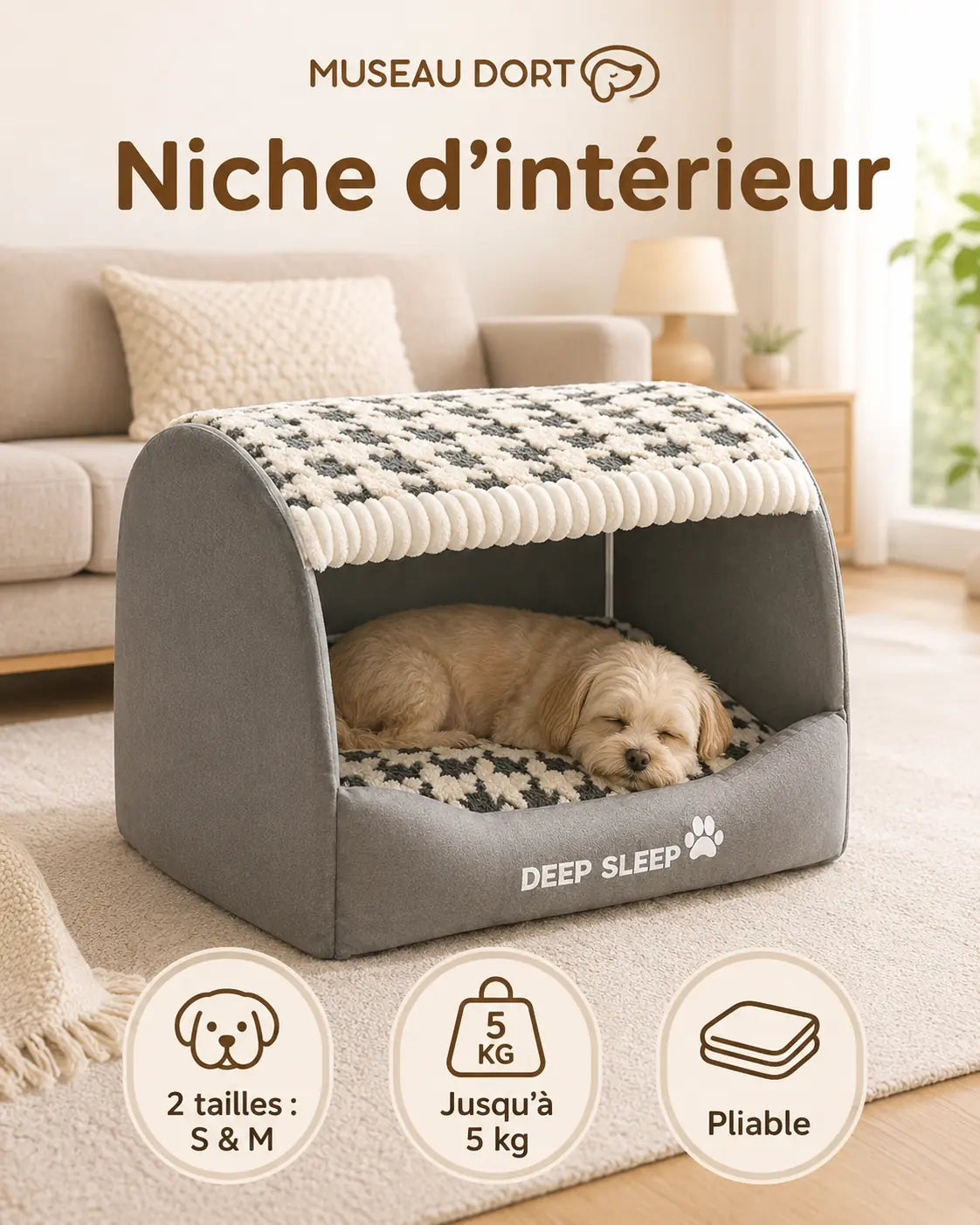Petit chien endormi dans une niche d’intérieur grise, pliable et douce pour petits chiens jusqu’à 5 kg