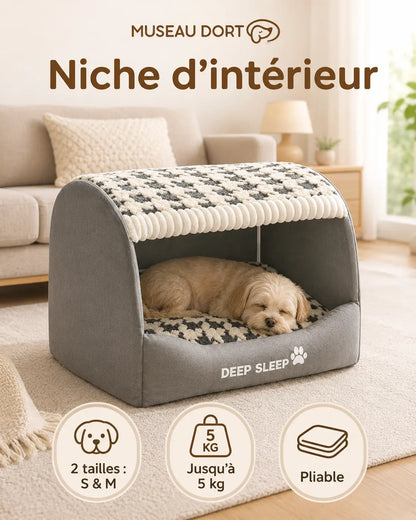 Petit chien endormi dans une niche d’intérieur grise, pliable et douce pour petits chiens jusqu’à 5 kg