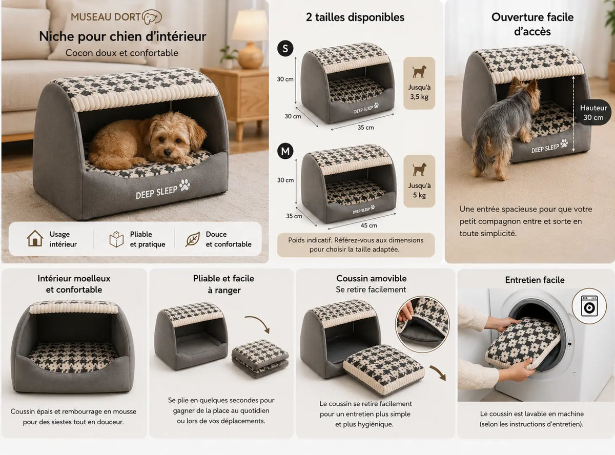 Niche pour chien d’intérieur avec tailles S et M, coussin amovible, pliage pratique et entretien facile