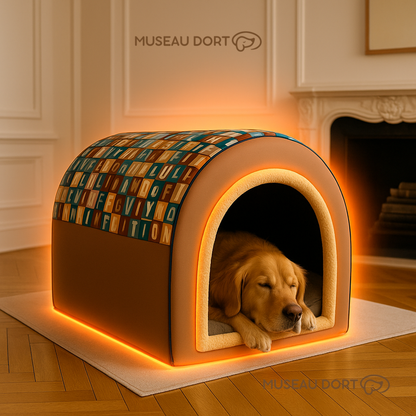 Niche d’intérieur pour grand chien avec aura lumineuse, golden retriever endormi dans un salon parisien élégant – Museau Dort