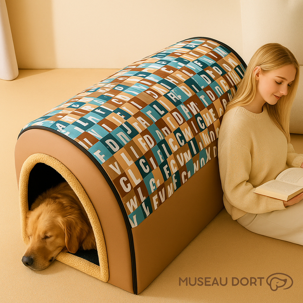 Niche d’intérieur pour grand chien senior dans un salon moderne, golden retriever endormi et femme lisant à côté – Museau Dort