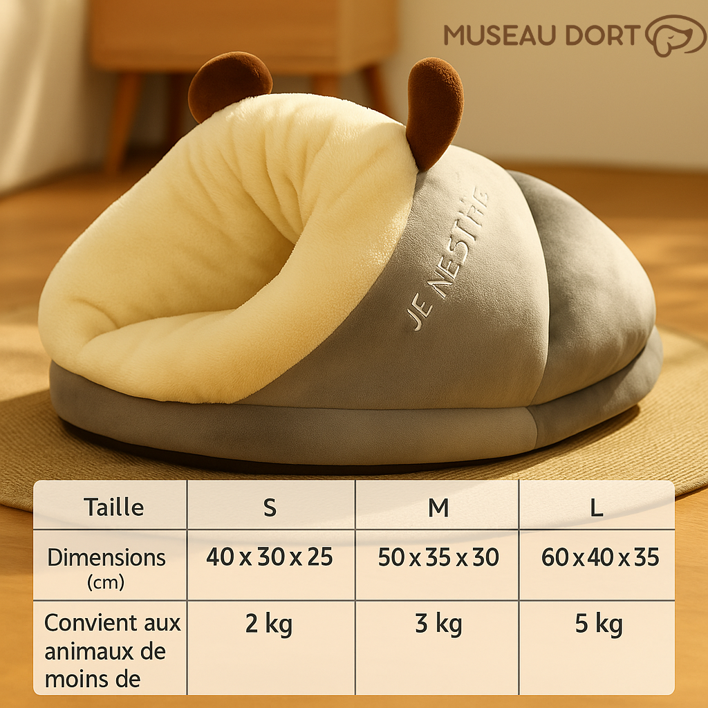 Tableau des tailles du panier cocon gris pour chien, dimensions S M L avec poids recommandés, Museau Dort