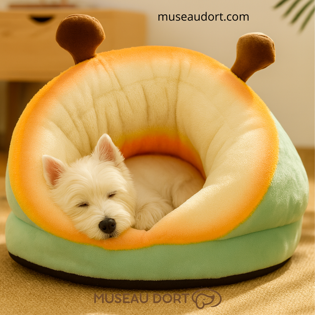 Westie endormi dans un panier chien cocon moelleux orange et vert, couchage chaud et sécurisant pour petit chien anxieux