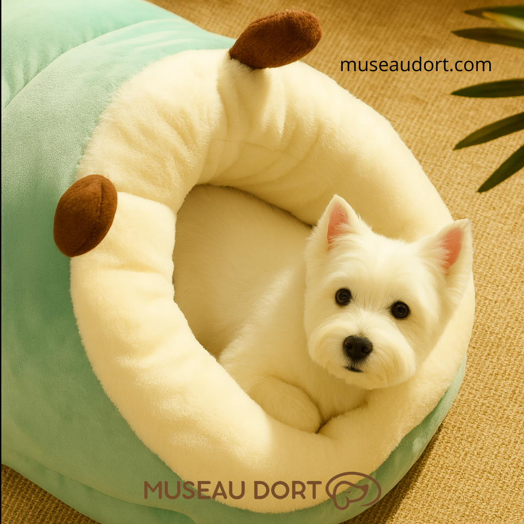 Westie confortablement installé dans un panier cocon vert pour chien, couchage douillet et chaud – Museau Dort