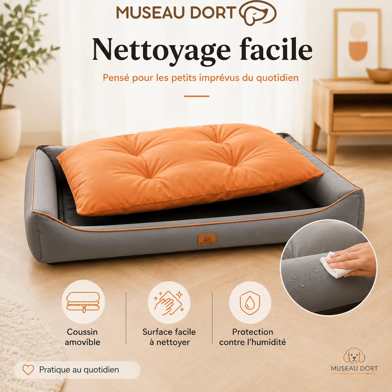 Panier chien imperméable avec coussin amovible, protection contre l’humidité et nettoyage facile