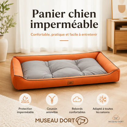 Panier chien imperméable orange et gris avec coussin amovible, rebords confortables et protection anti-humidité