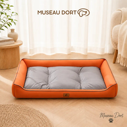 Panier chien imperméable orange et gris avec coussin matelassé dans un salon lumineux Museau Dort