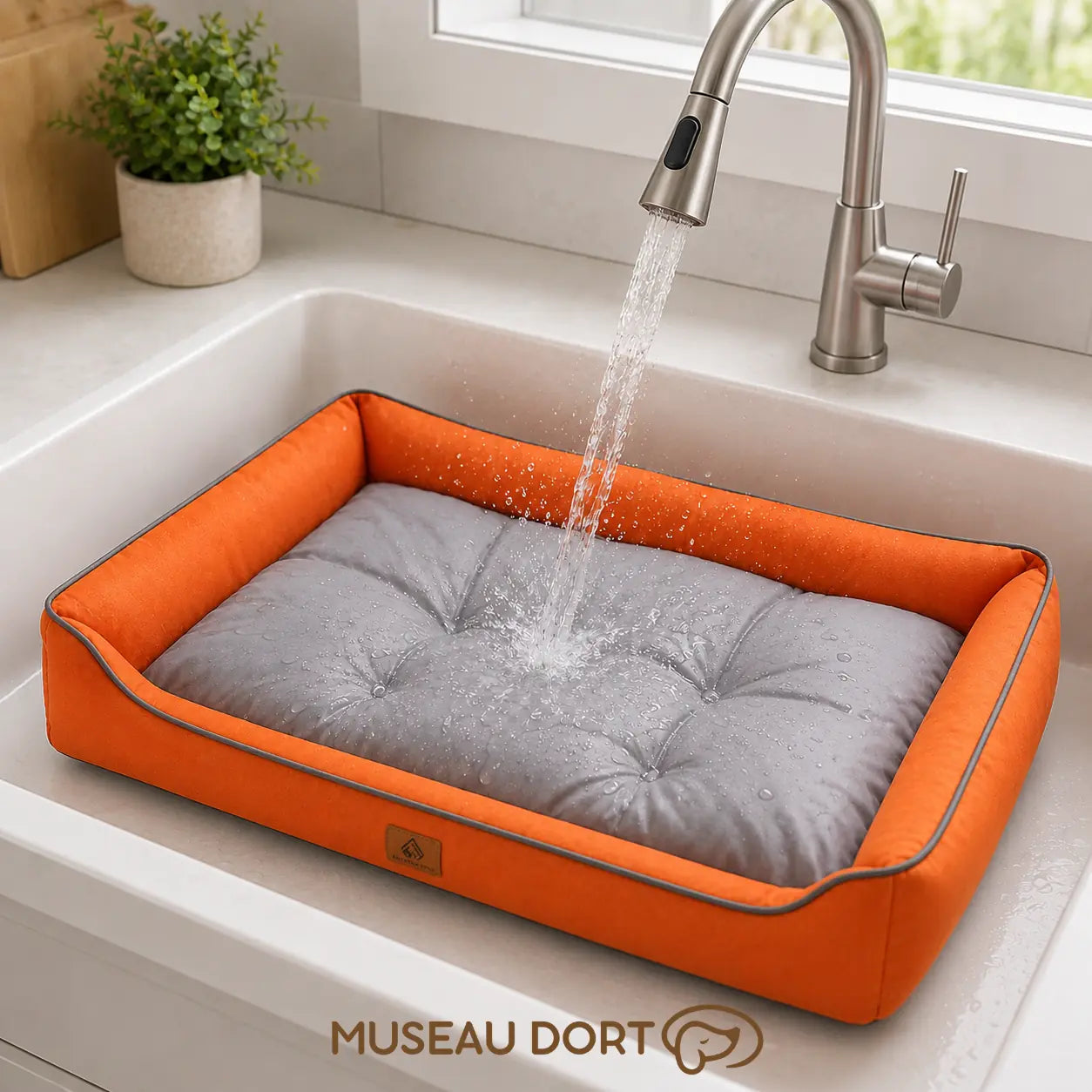 Panier chien imperméable orange et gris rincé sous l’eau pour illustrer sa protection contre l’humidité