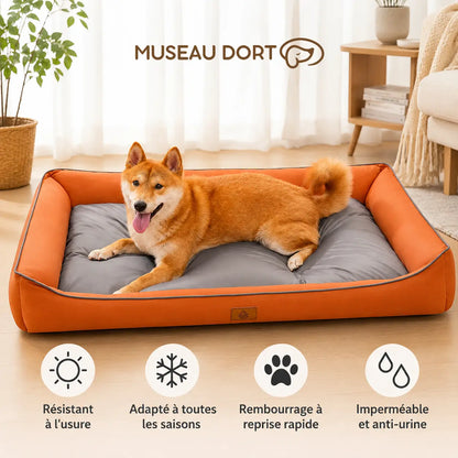 Panier chien imperméable orange et gris avec Shiba Inu, conçu pour toutes les saisons et facile à entretenir