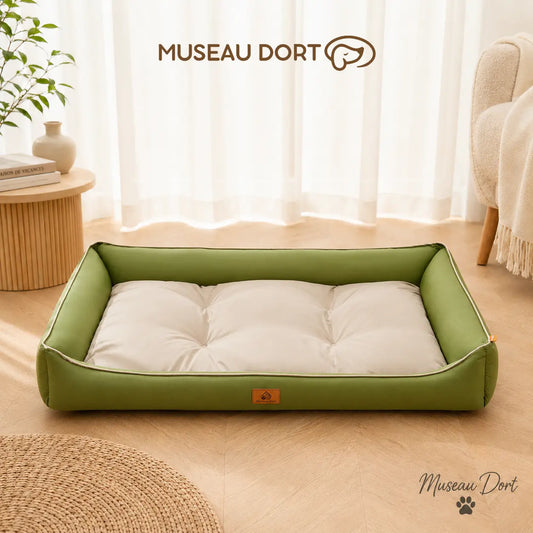 Panier chien imperméable vert avec coussin clair dans un salon lumineux, visuel officiel Museau Dort