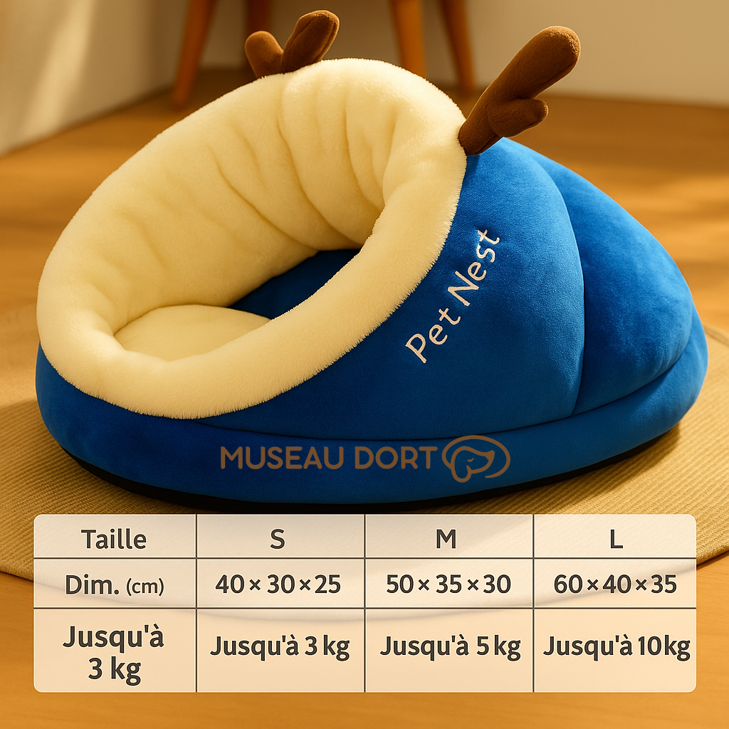 Tableau des tailles du panier cocon bleu pour chien, dimensions S, M, L avec poids recommandés, lit chaud et moelleux,