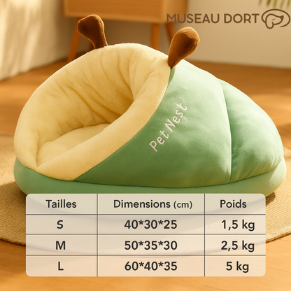 Tableau des tailles du panier cocon pour chien, dimensions S M L et poids recommandés, modèle vert, Museau Dort