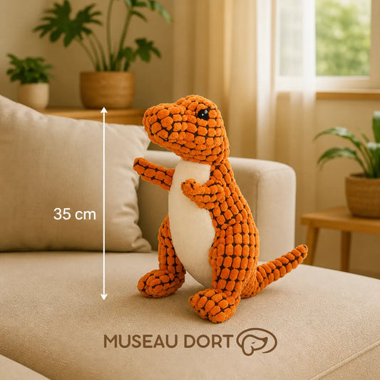 Peluche apaisante chien âgé anxieux orange 35 cm sur canapé Museau Dort