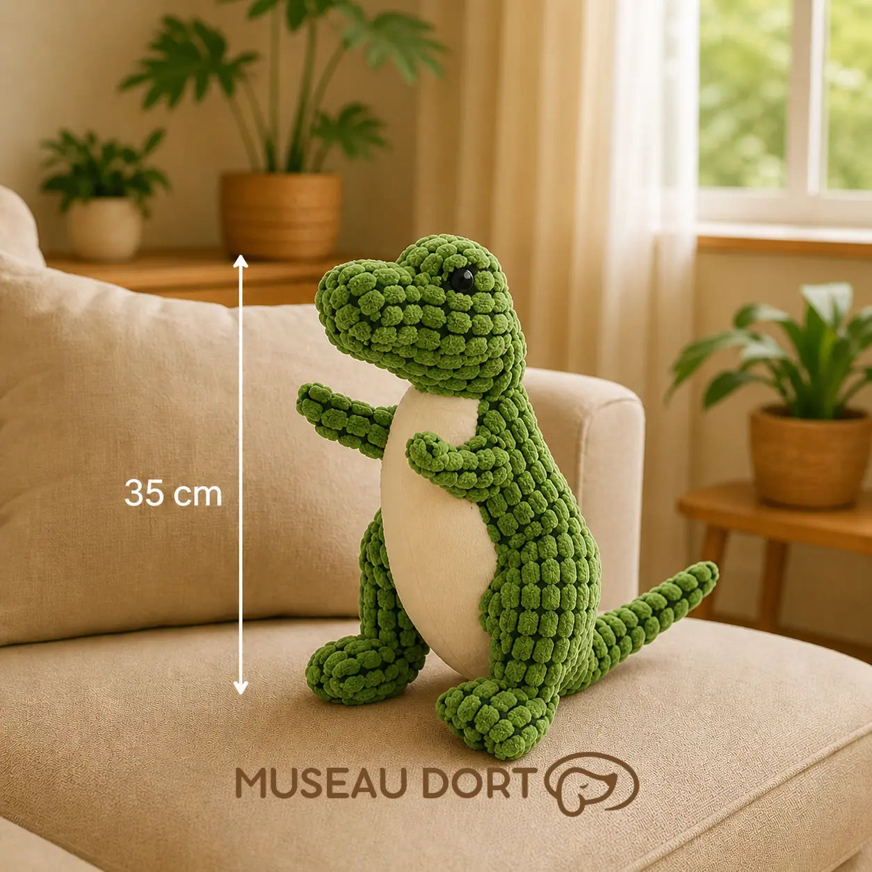 Peluche apaisante chien âgé anxieux verte 35 cm sur canapé Museau Dort
