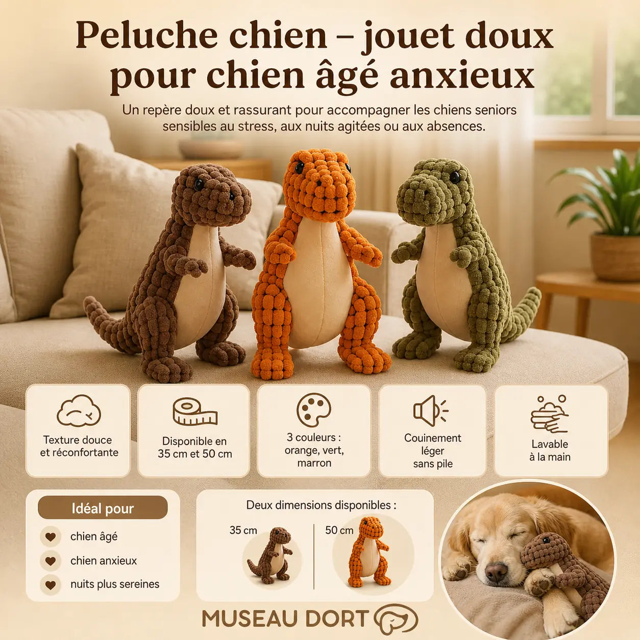Peluche chien dinosaure 3 couleurs avec tailles 35 et 50 cm, jouet doux pour chien âgé anxieux senior – Museau Dort