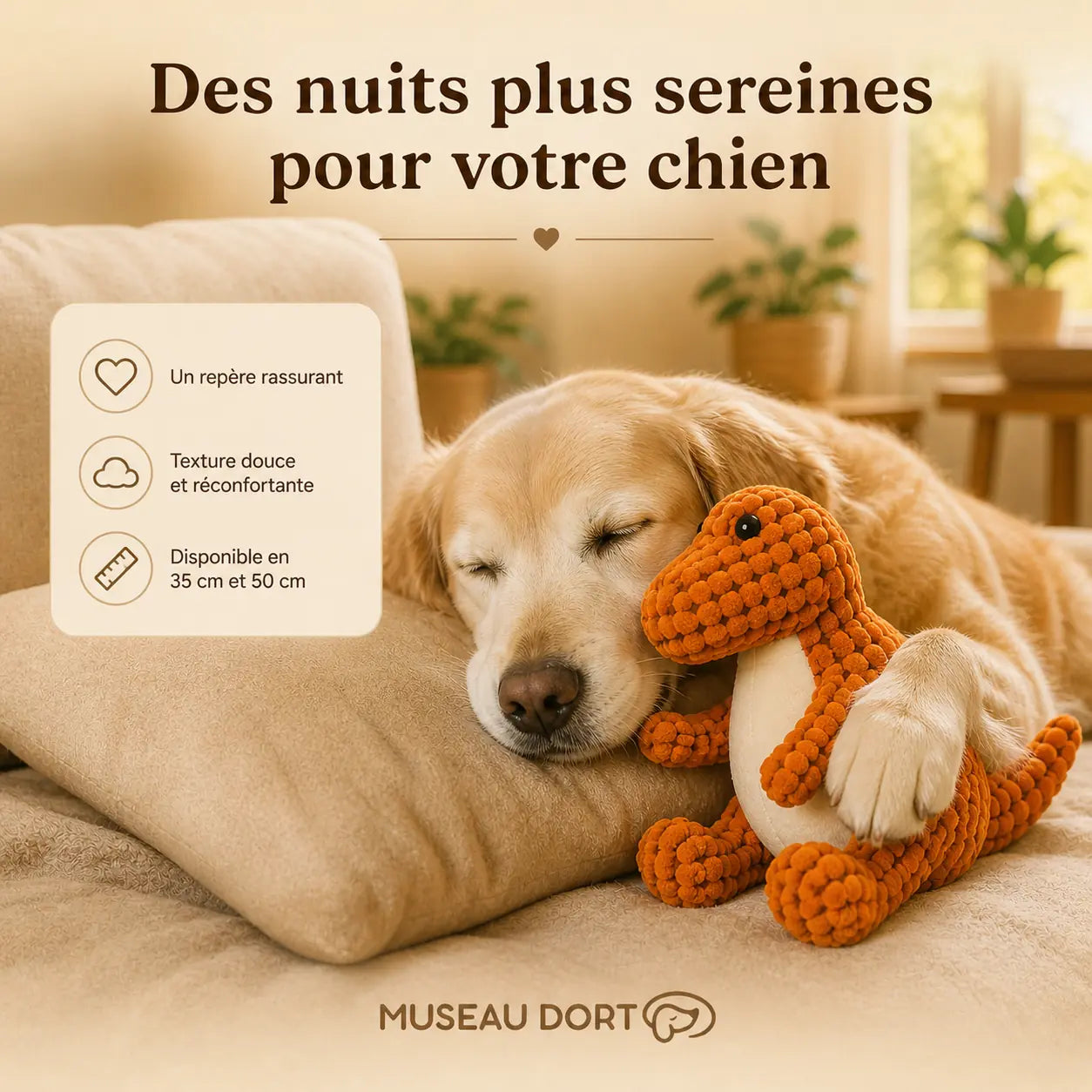 Chien senior endormi avec peluche chien dinosaure orange, jouet doux rassurant pour nuits sereines – Museau Dort