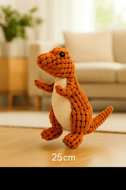 Peluche dinosaure pour chien résistante de 25 cm, couleur orange. Parfaite pour divertir et occuper votre chien.