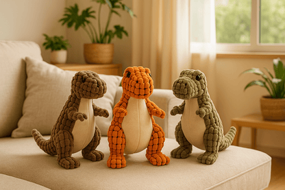 Set de 3 peluches dinosaure pour chien résistantes de 25 cm (marron, orange et vert). Parfaites pour occuper votre chien.