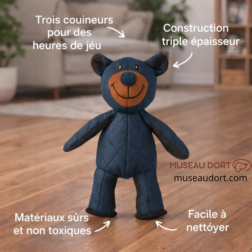 Peluche pour chien résistante avec trois couineurs, construction triple épaisseur, matériaux sûrs et faciles à nettoyer.