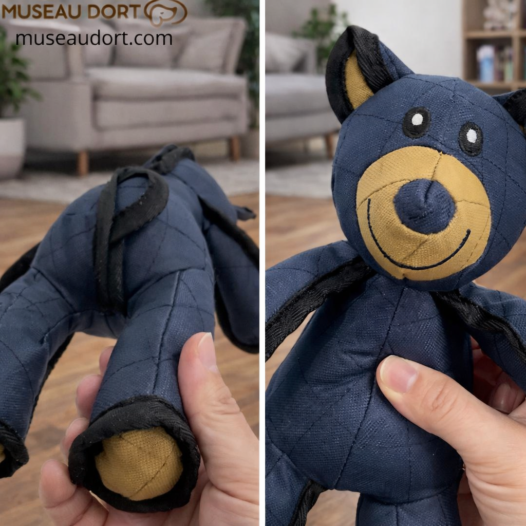 Détails de la peluche pour chien indestructible montrant les coutures renforcées et la solidité du jouet, Museau Dort