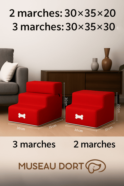 Rampe pour chien 2 et 3 marches avec dimensions 30x35x20 cm et 30x35x30 cm, modèle intérieur rouge Museau Dort
