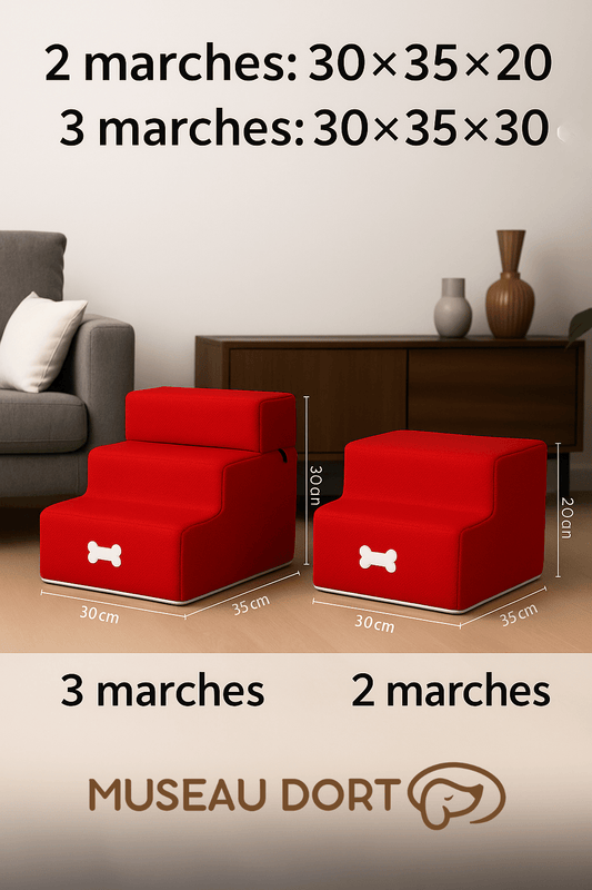 Rampe pour chien 2 et 3 marches avec dimensions 30x35x20 cm et 30x35x30 cm, modèle intérieur rouge Museau Dort