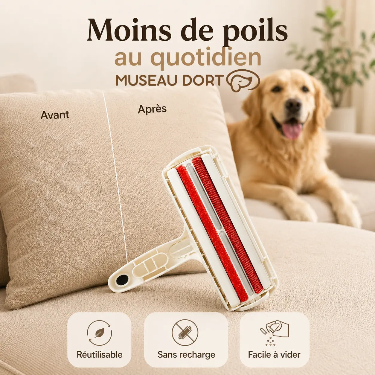 Rouleau anti-poils chien avant après sur canapé avec badges réutilisable sans recharge