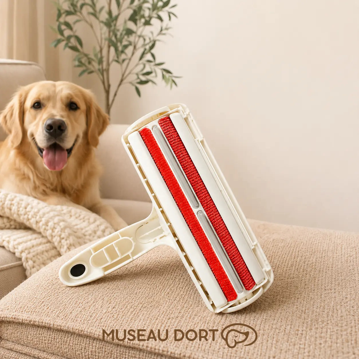Rouleau anti-poils réutilisable pour chien posé sur canapé avec chien en arrière-plan