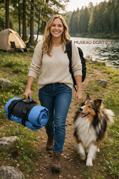 Sandra avec un berger shetland et tapis de voyage chien Museau Dort