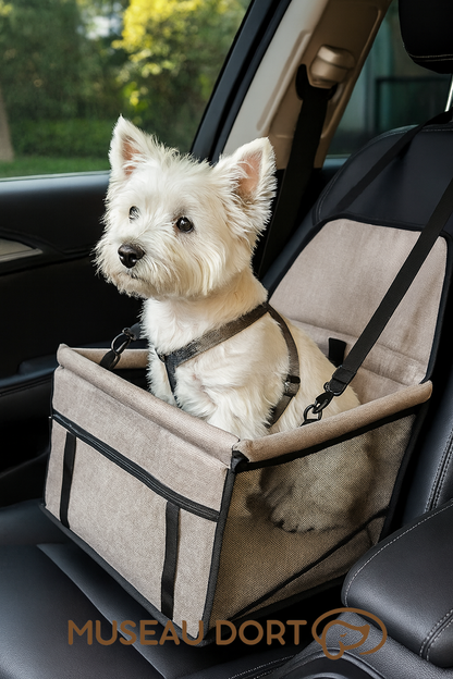 Petit westie assis dans un siège auto pour chien couleur café sur le siège passager d’une voiture – Disponible chez Museau Dort