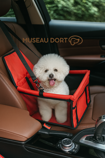 Bichon blanc assis dans un siège auto rouge pour chien sur le siège passager d’une voiture moderne – Disponible chez Museau Dort