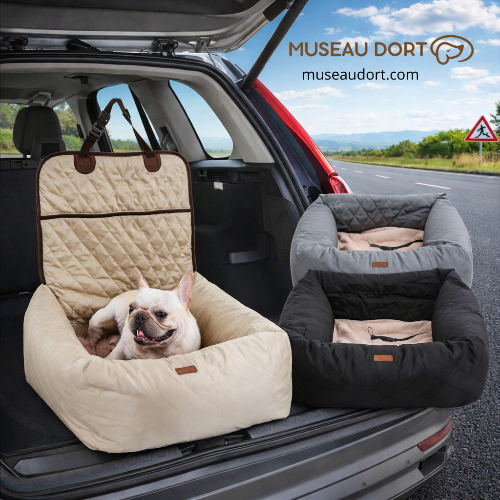 Siège d’auto pour chien installé dans le coffre, plusieurs coloris disponibles pour un transport confortable en voiture, Museau Dor