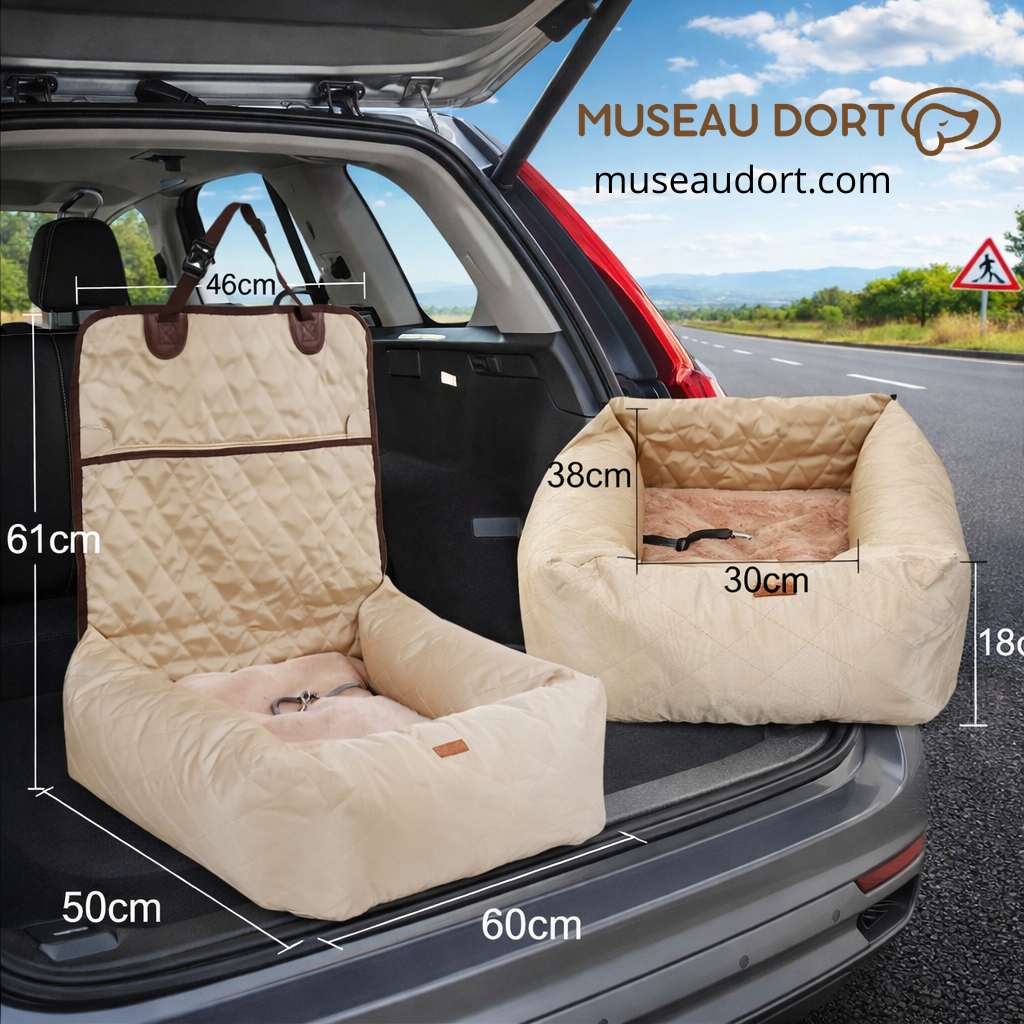 Siège d’auto pour chien avec dimensions visibles, installation dans le coffre pour un transport sécurisé en voiture, Museau Dort