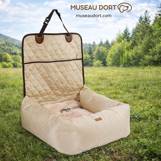 Siège d’auto pour chien installé en extérieur, design confortable et sécurisé pour les trajets en voiture, Museau Dort