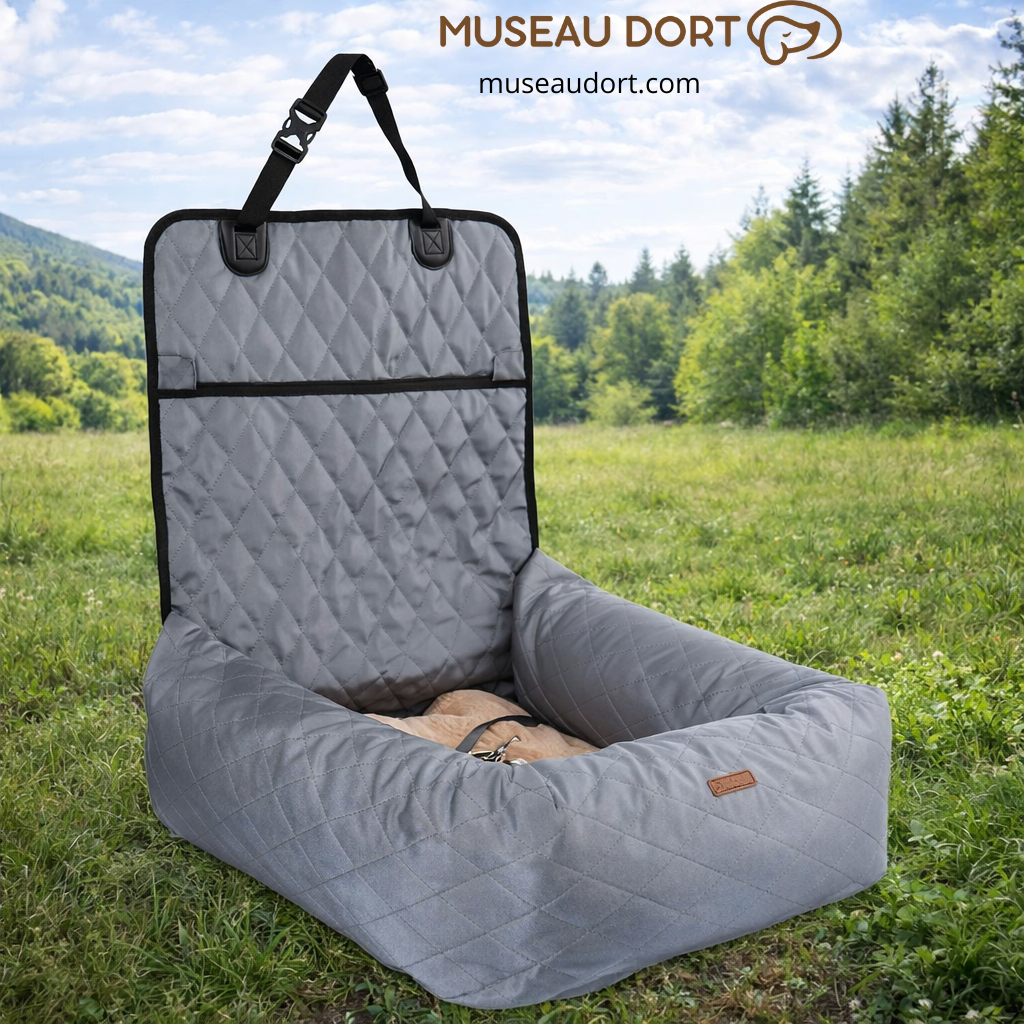 Siège d’auto pour chien gris installé en extérieur, couchage confortable et sécurisé pour les trajets en voiture, Museau Dort