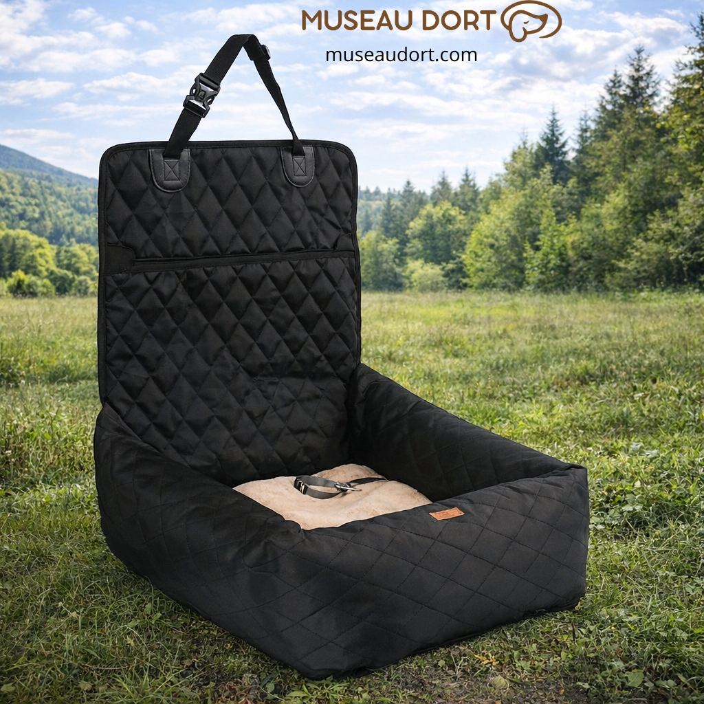 Siège d’auto pour chien noir installé en extérieur, maintien confortable et sécurisé pour les trajets en voiture, Museau Dort