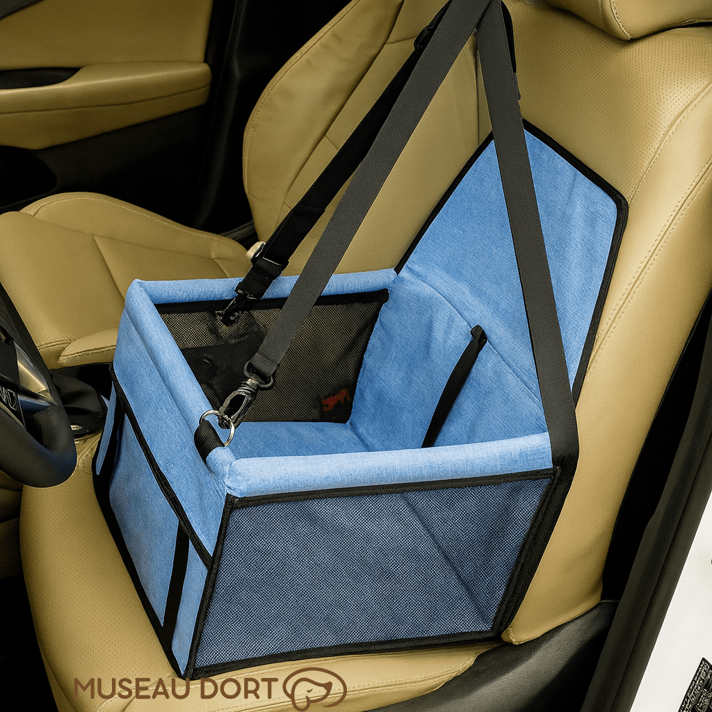 Siège auto pour chien bleu installé sur le siège passager d’une voiture beige, sécurité et confort garantis