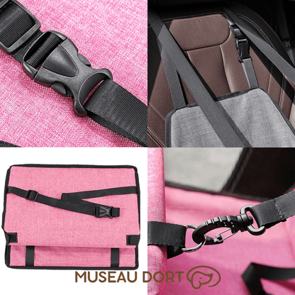 Détails des sangles et attaches de sécurité d’un siège auto rose pour chien, système de fixation robuste – Museau Dort