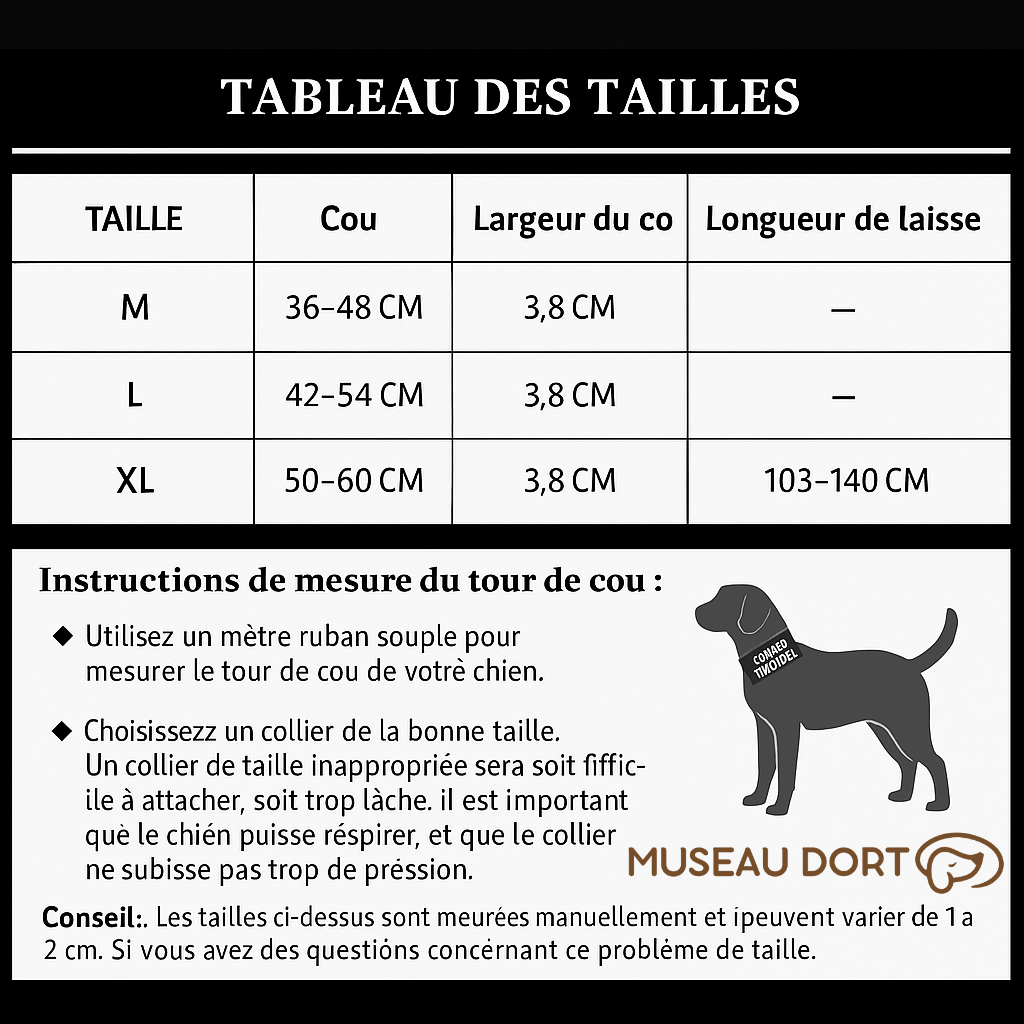 Tableau des tailles du collier chien anti-traction avec mesures du tour de cou et largeur du collier selon la taille.