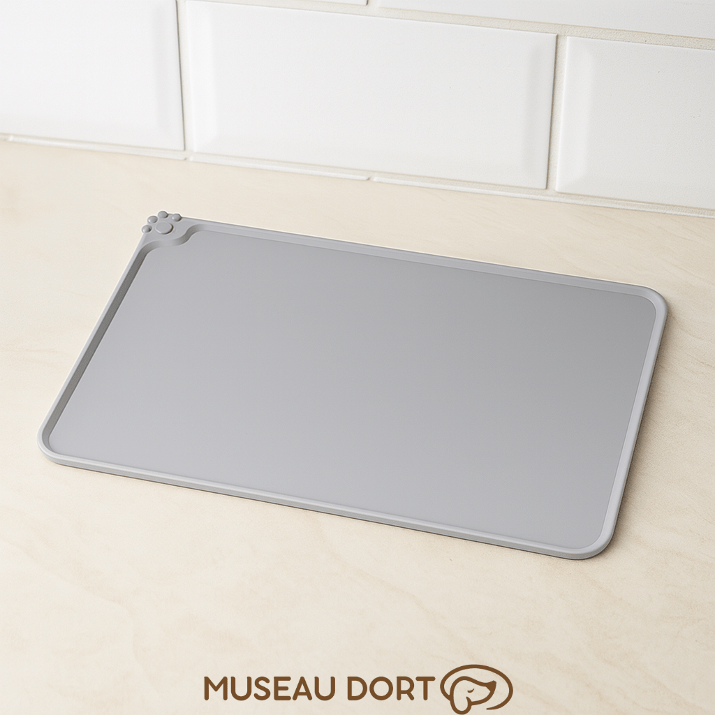 Tapis gamelle chien gris en silicone antidérapant posé sur un plan de travail clair avec rebords anti-débordement Museau Dort