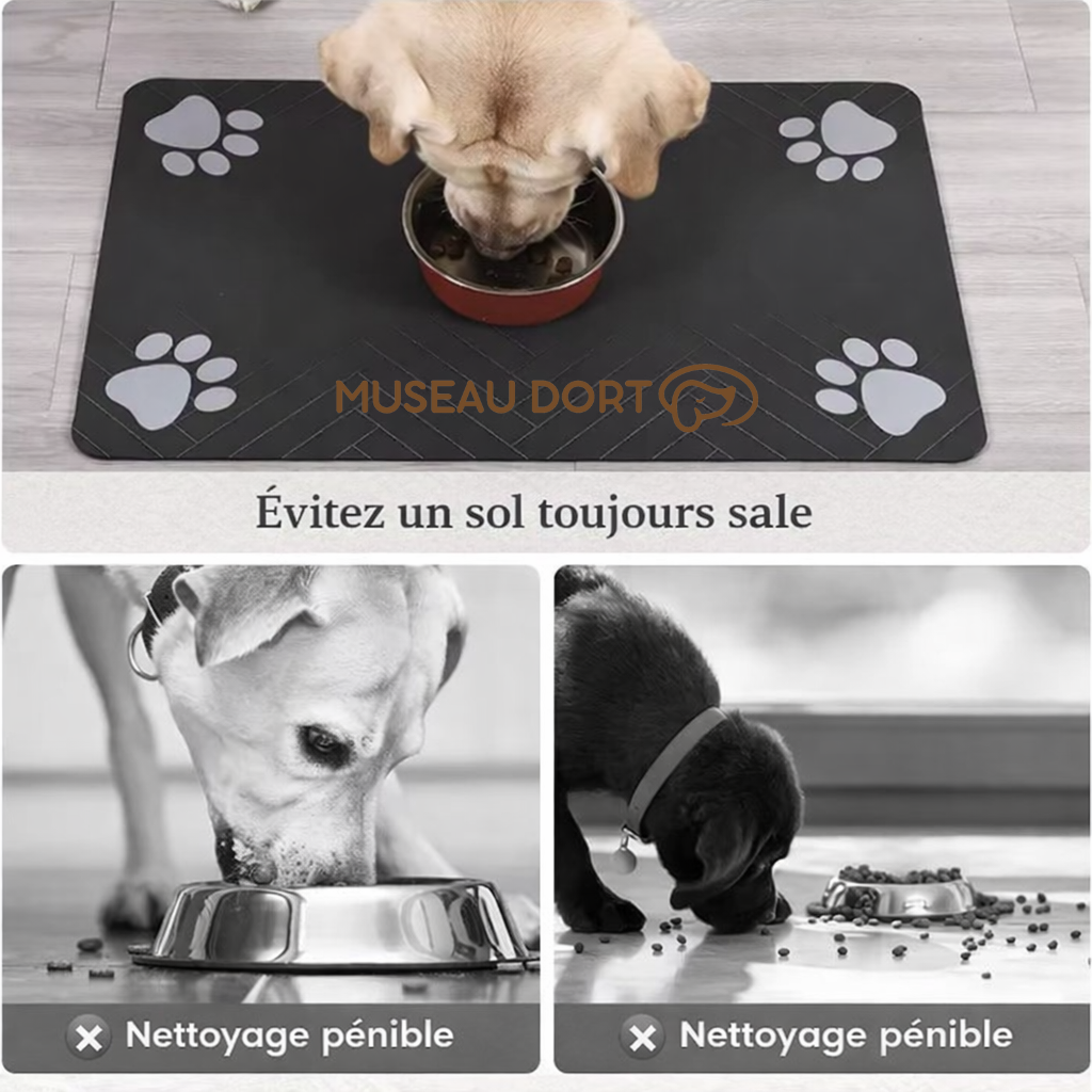 Tapis gamelle chien évitant un sol sale pendant les repas et réduisant le nettoyage pénible autour des gamelles, Museau Dort