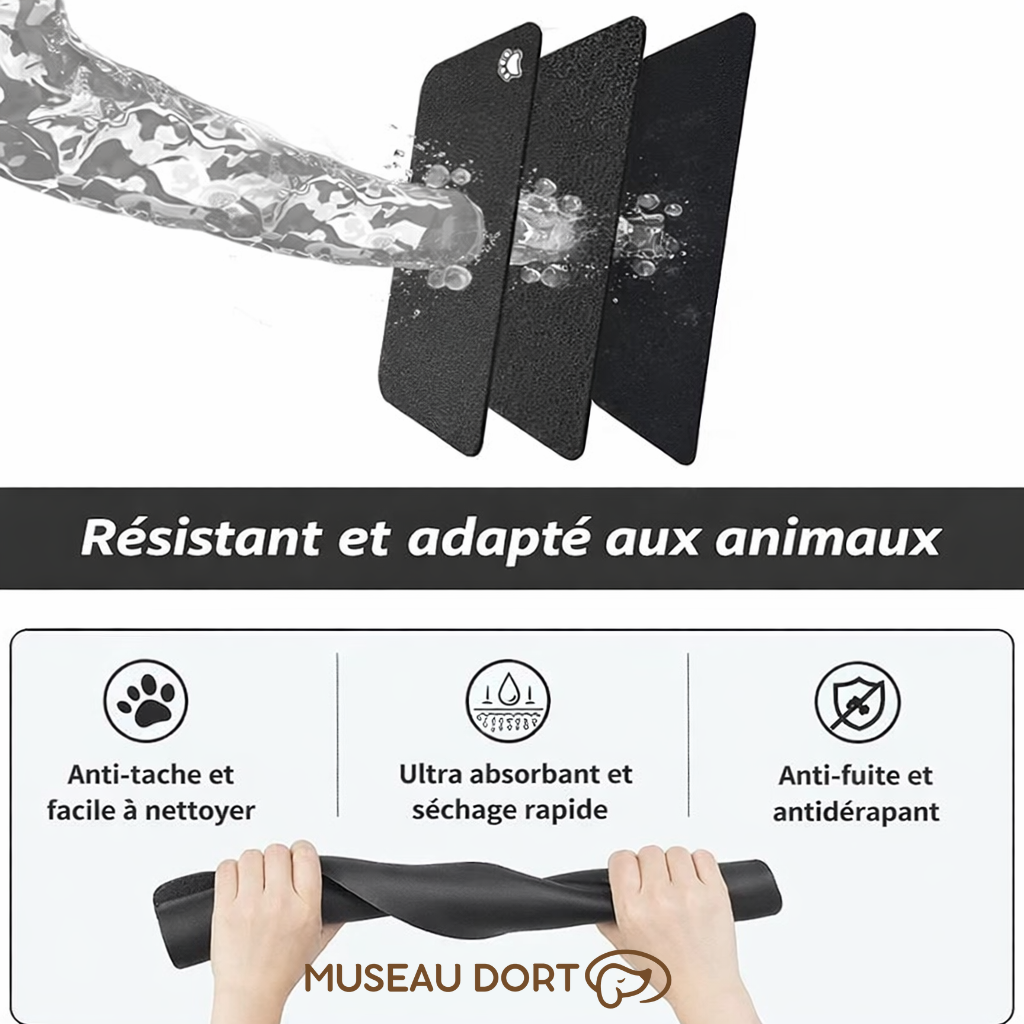 Tapis gamelle chien résistant et adapté aux animaux avec surface anti tache absorbante et base antidérapante, Museau Dort