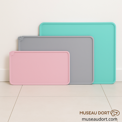 Tapis gamelle chien en trois tailles et trois couleurs rose, gris et vert, alignés contre un mur pour montrer la différence de dimensions Museau Dort