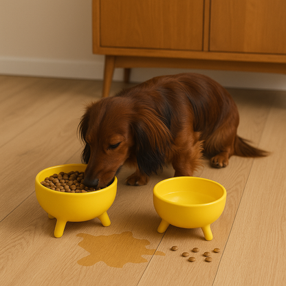 Teckel mangeant à côté de ses gamelles jaunes avec un petit dégât d’eau sur le sol, sans tapis gamelle chien Museau Dort