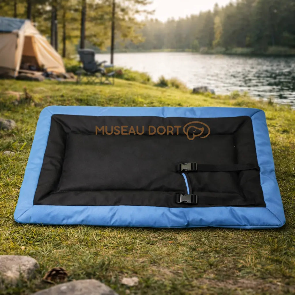 tapis de voyage pliable pour chien bleu et noir camping Museau Dort
