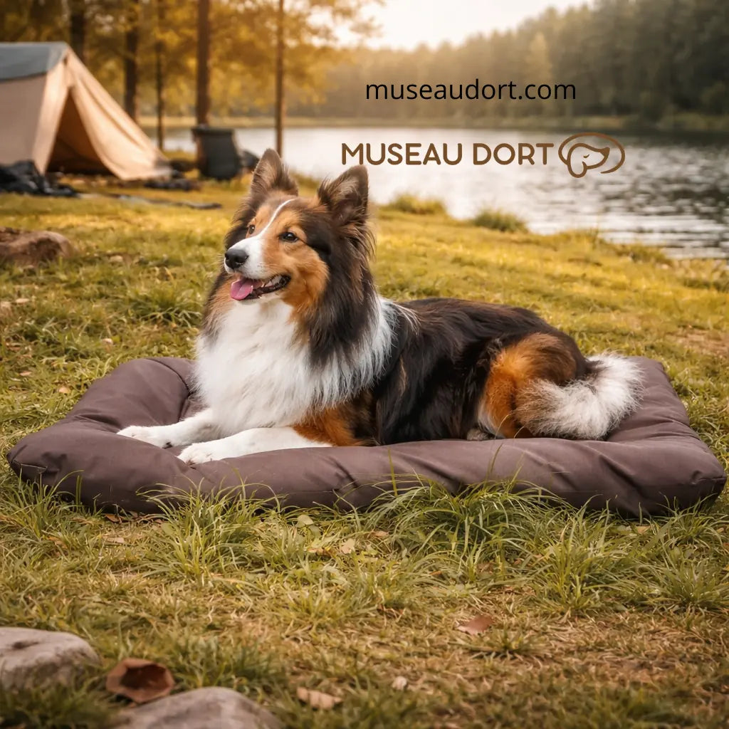 berger shetland sur tapis de voyage marron camping Museau Dort